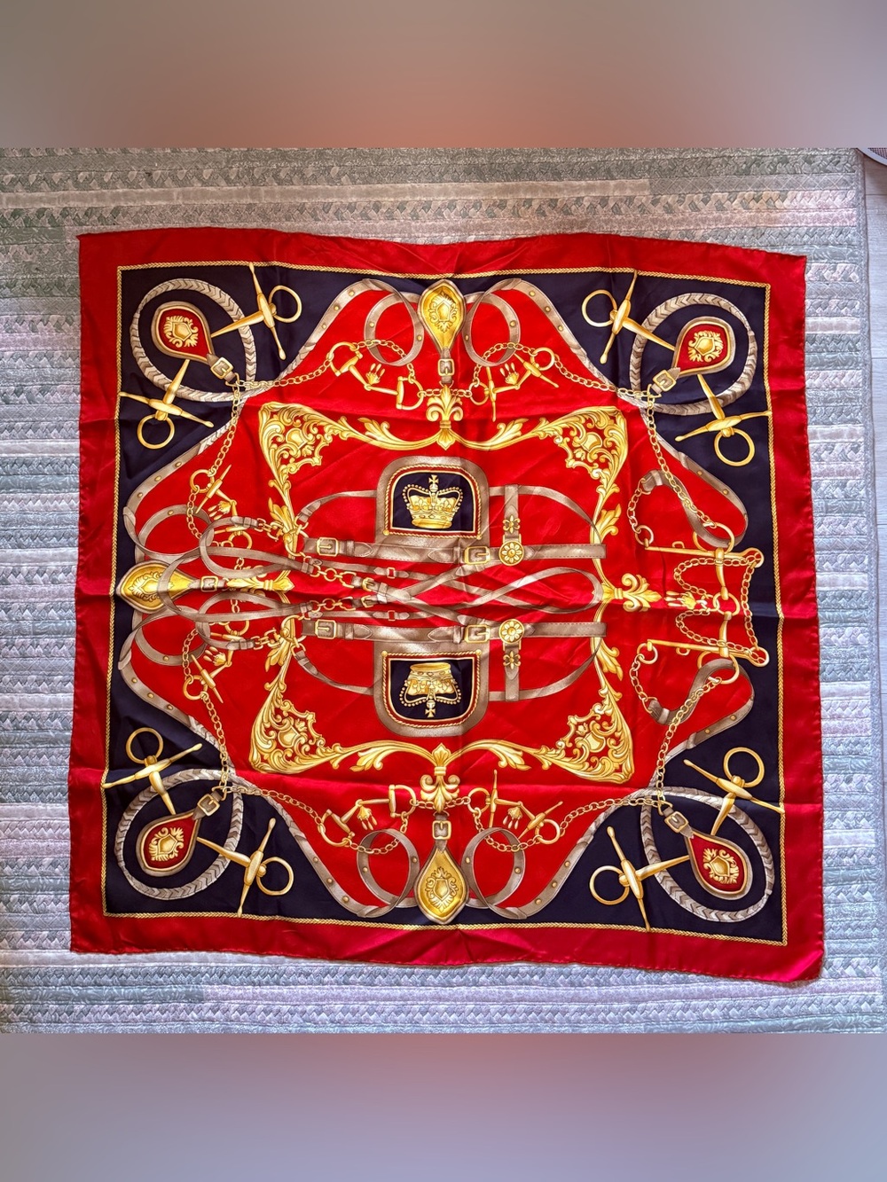 Vintage Equestrian Scarf 34” x 34” Red Gold Bridle Horse Bit Chain Print